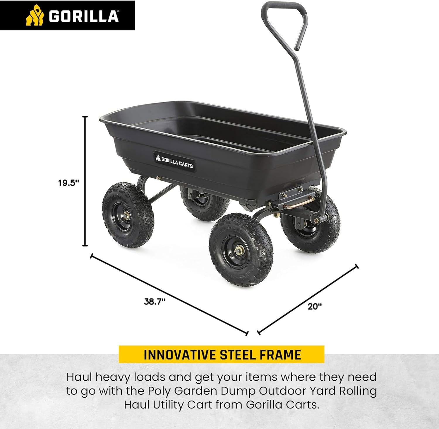 Gorilla Carts Poly Garden Dump Garden Cart with Easy to Assemble Steel Frame, Camping Wagon with Quick Release System, 1200 Pound Capacity, and 13 Inch Tires | 1,200-lb Capacity, 6 Cu Ft Tub Poly Dump Cart with Quick-Release Dump for Bigger Yard Cleanup…
