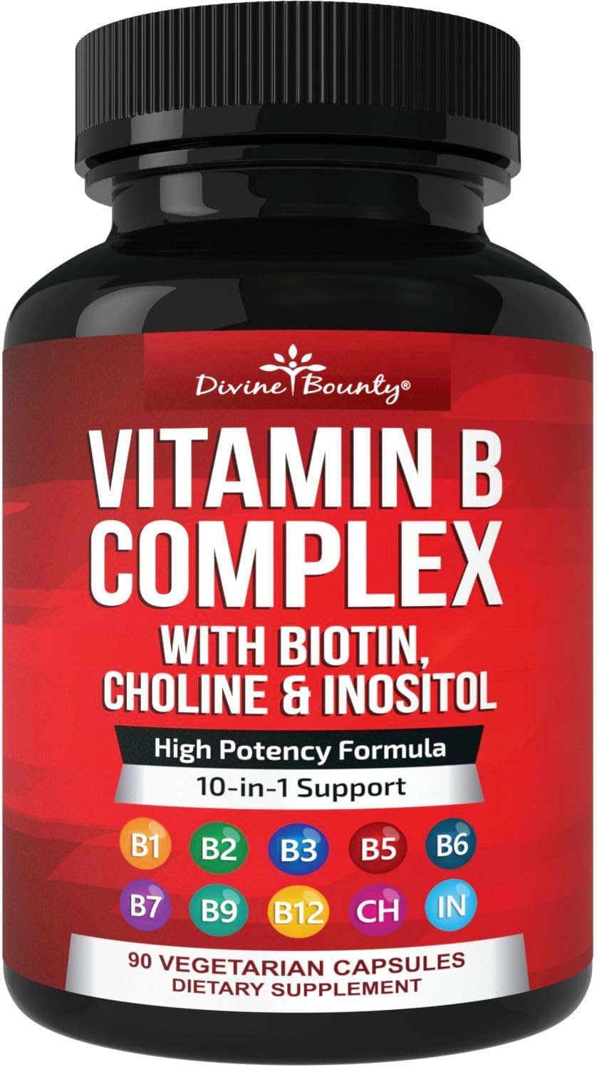 Divine Bounty Vitamin B Complex, All B Vitamins in One Capsule, 90 Count | Super B Complex Vitamins B1 B2 B3 B5 B6 B7 B9 B12 for Men & Women