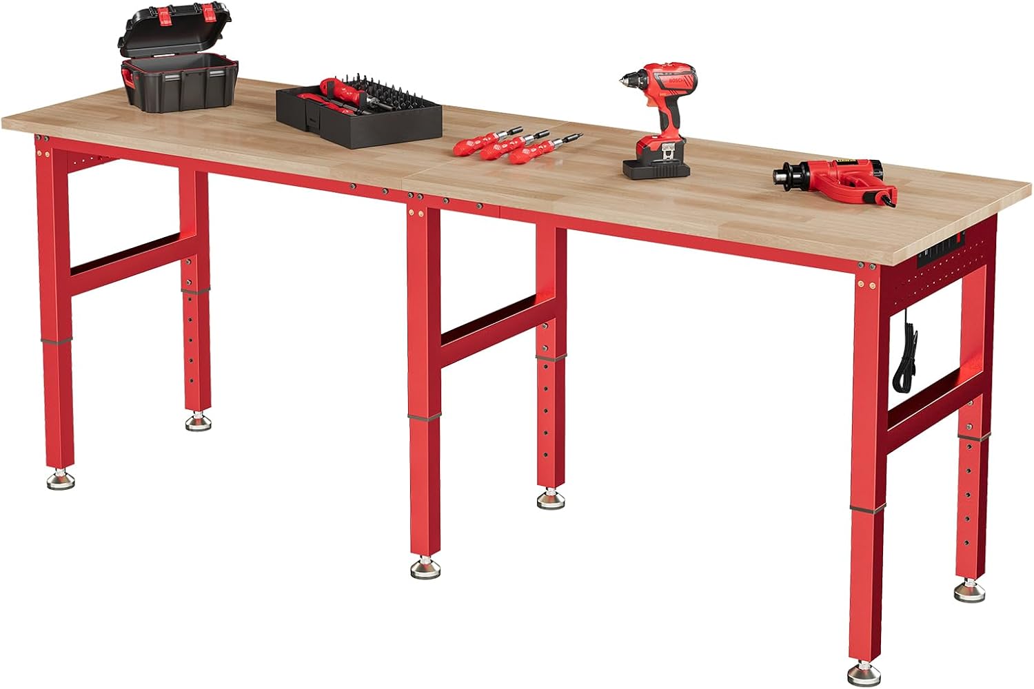 SPECRAFT Adjustable Black Heavy-Duty Workbench | 2000 Lbs Capacity, Rubber Wood Top, 4 AC Outlets and 2 USB Ports, for Garage, Workshop and Office