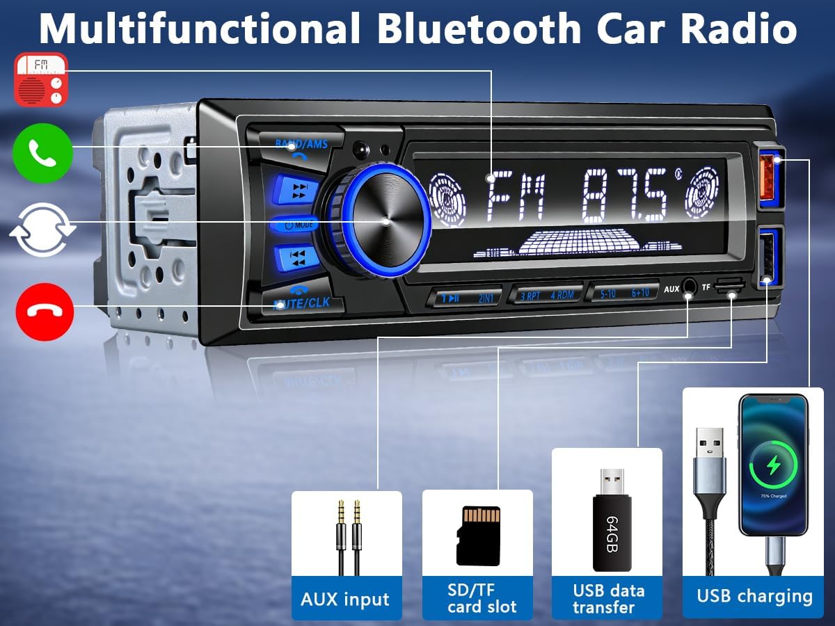 REAKOSOUND Car Radio Bluetooth Single DIN Stereo - FM, USB, AUX, APP, No CD