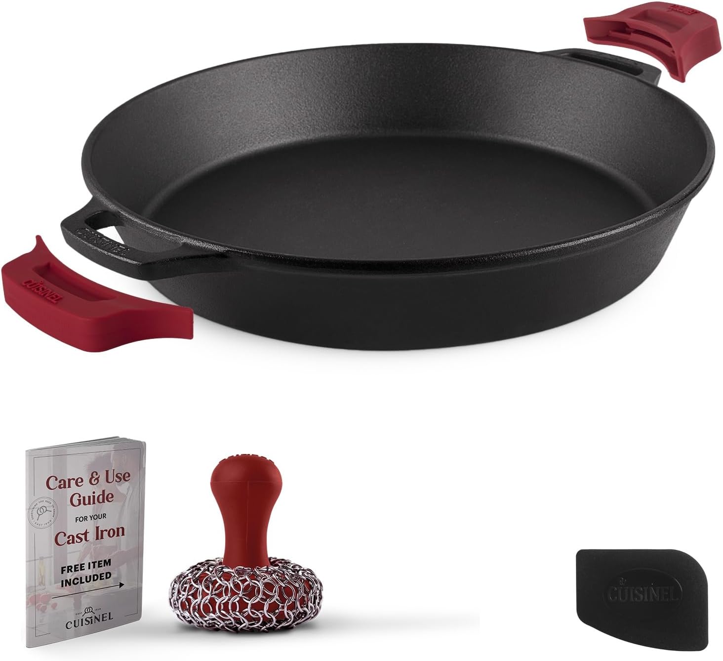 Cuisinel Cast Iron Skillet with Lid - 10"-Inch Pre-Seasoned Frying Pan + Glass Cover + Heat-Resistant Handle Holder - Indoor/Outdoor Use - Grill, Stove, Camp Firepit, Induction - Oven Safe Cookware