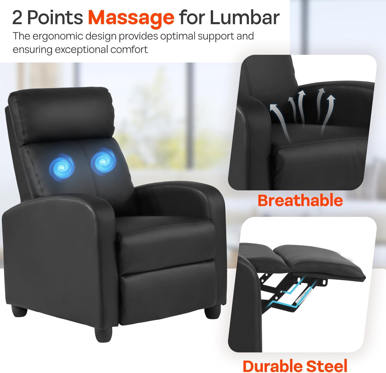 FDW | Recliner Chair | with 2 Point Massage Function | Black, PU Leather