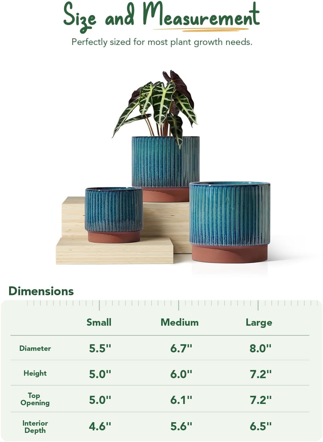 LE TAUCI Ceramic Plant Pots with Drainage Holes, Set of 3, 8+6.7+5.5 Inch Stripe Garden Planter Pots for Outdoor Indoor Plants Flower