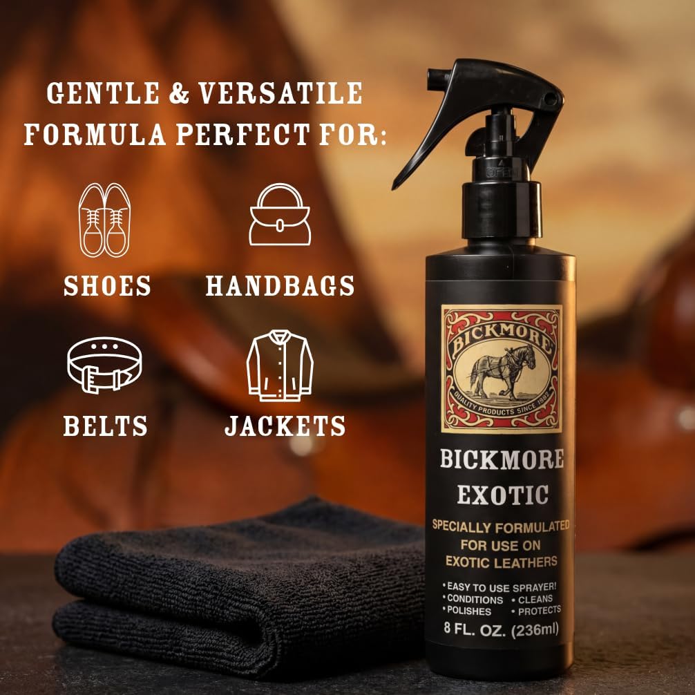 Bickmore Exotic Leather Cleaner & Conditioner for Exotic Skins and Leathers | One step preserves material and natural sheen on alligator, ostrich, lizard and stingray hides.