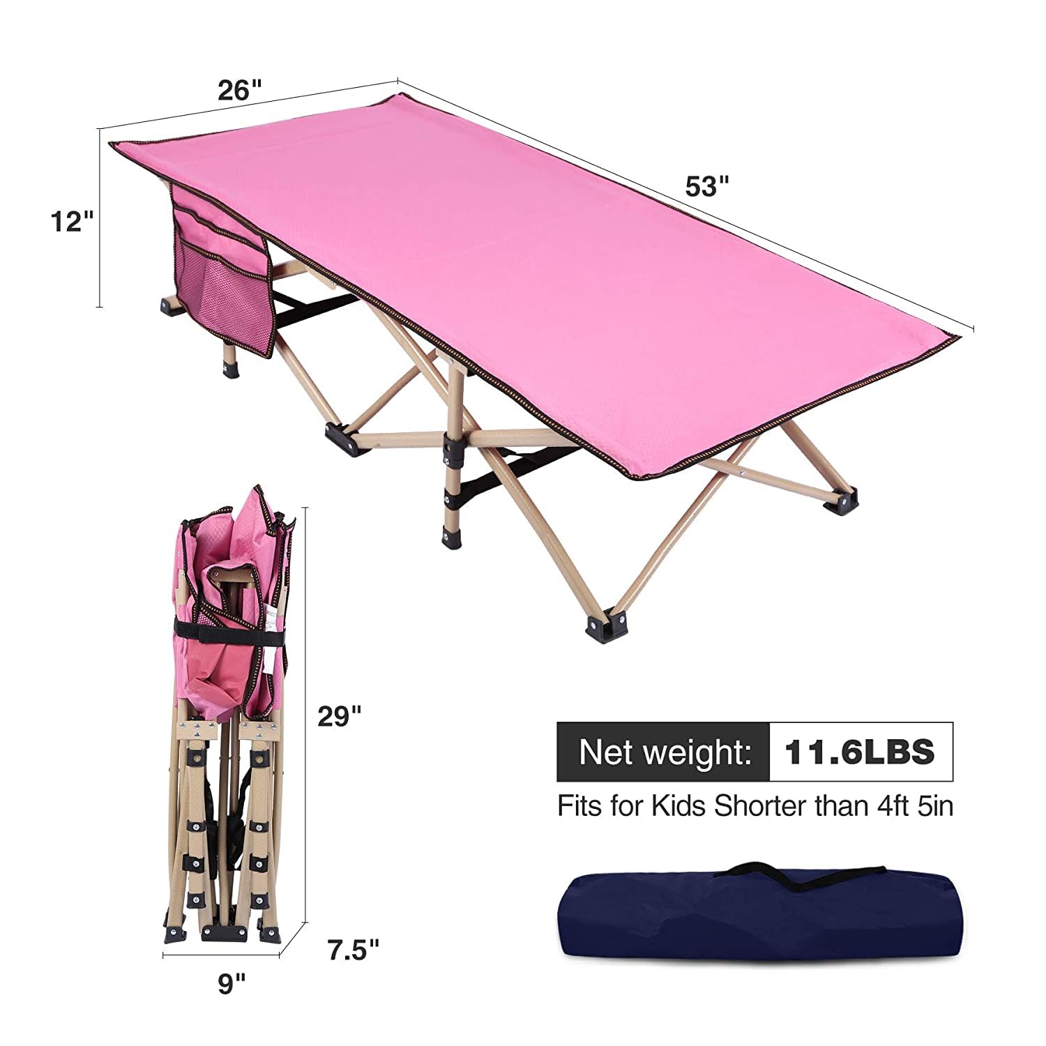 REDCAMP Extra Long Kids Cot for Camping 2-7 Years, Portable Travel Toddler Cot Bed with Carry Bag, Lightweight for Outdoor Indoor Home, Blue 53''x26''