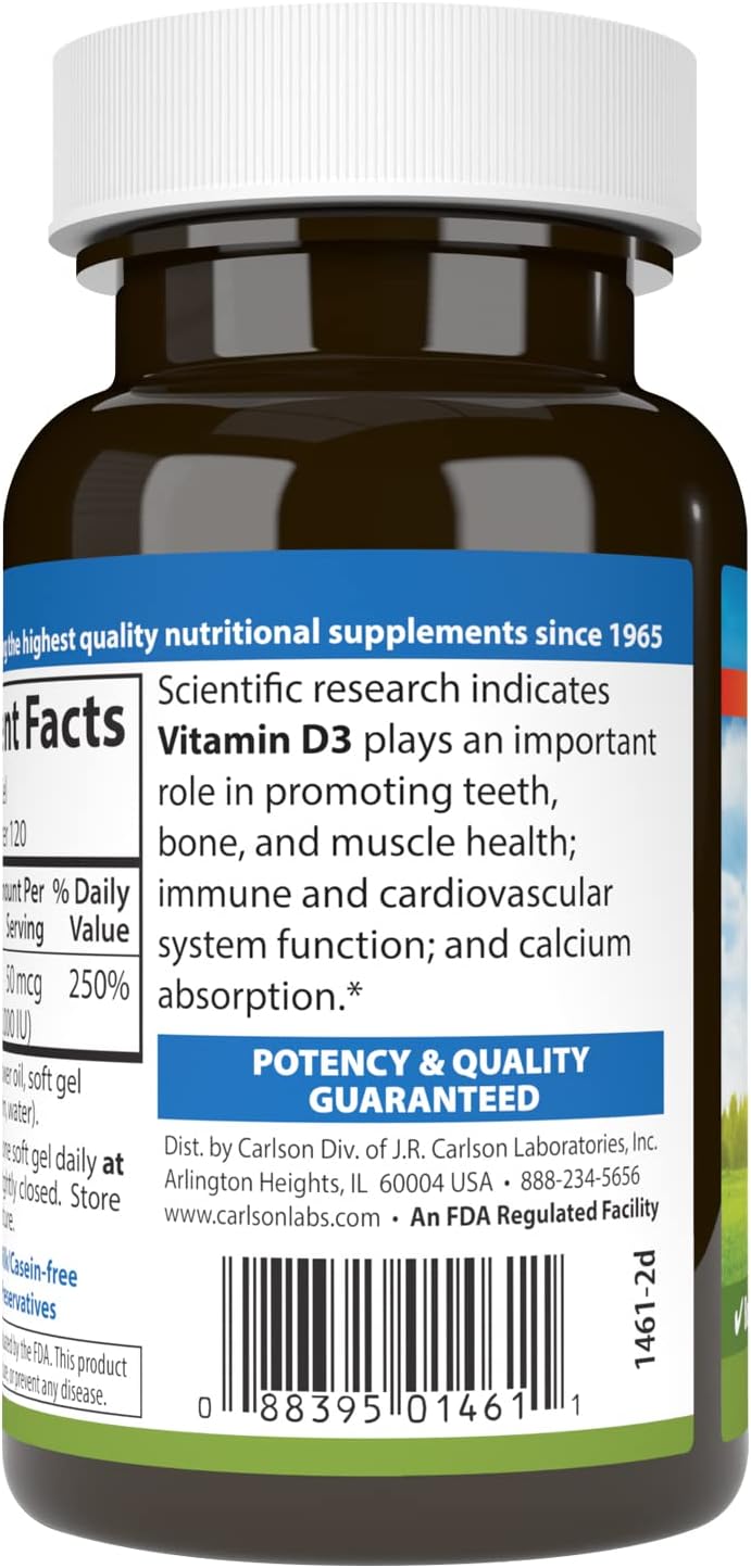 Carlson Vitamin D3, 2000 IU (50 mcg), Bone Health, 360 Softgels | Muscle Health; Cholecalciferol; Vitamin D Supplements; Vitamin D3 Soft Gels