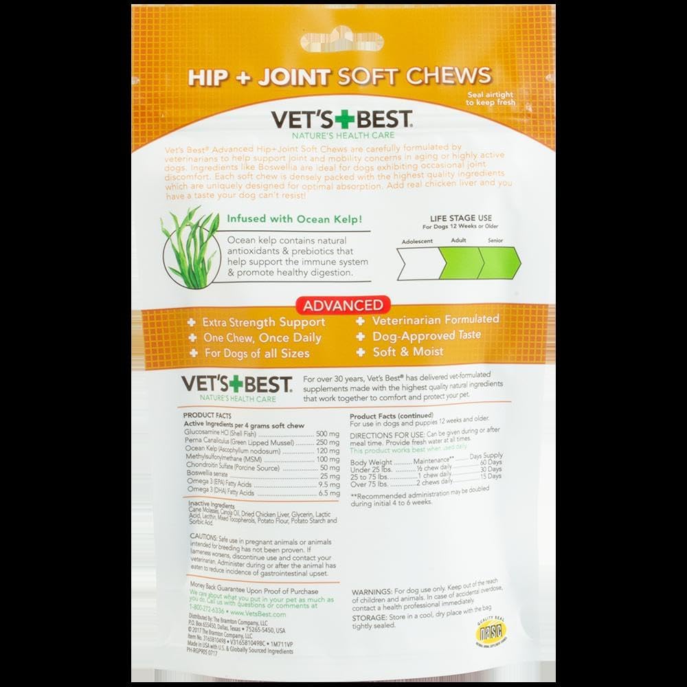 Vet's Best Advanced Hip & Joint Soft Chews for Dogs, 30 Day Supply | Glucosamine & Chondroitin Soft Chews, Supports Joint Mobility & Cartilage Health