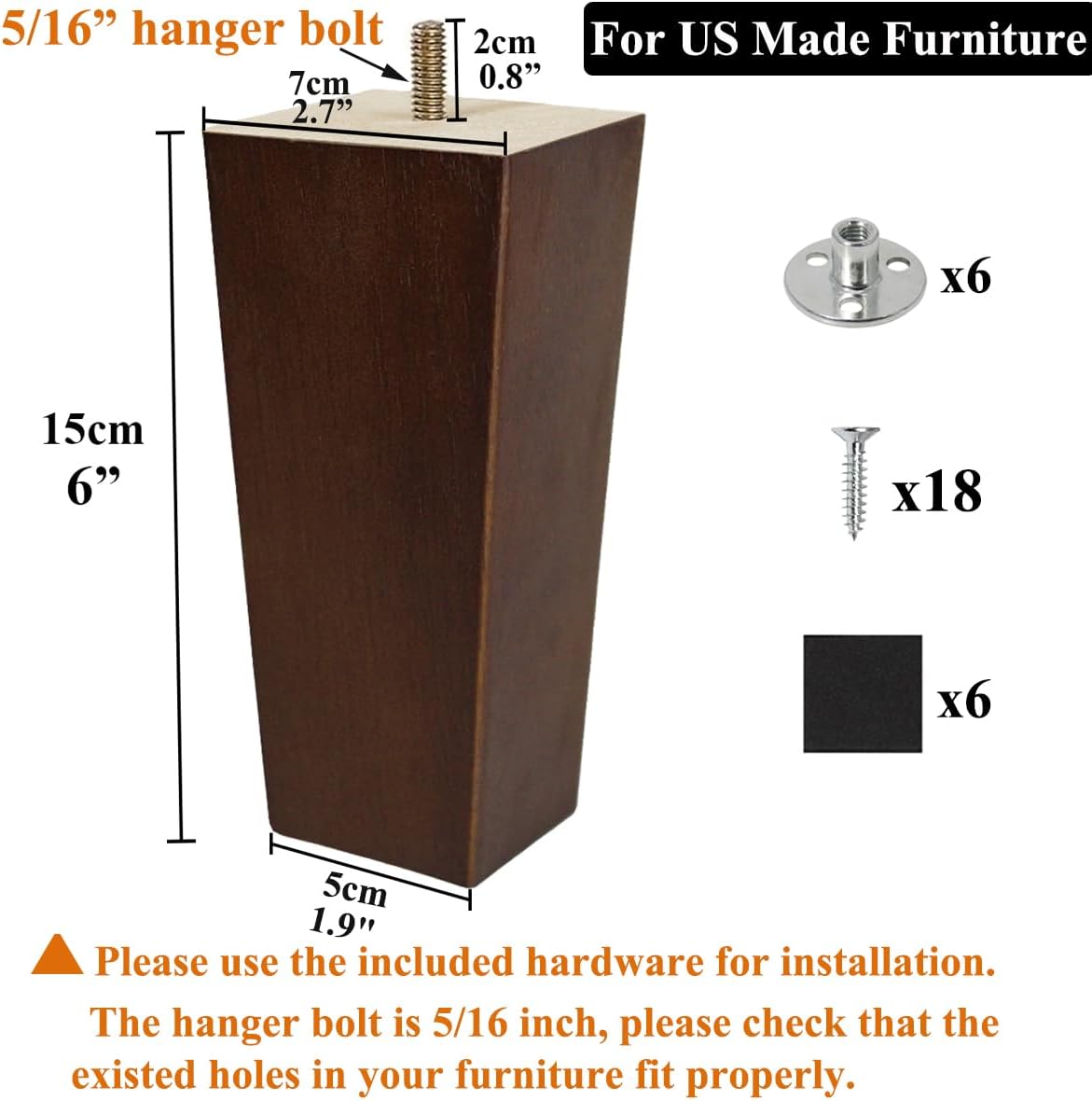 Sofa Legs Square Bed Feet 2 inch Wood Replacement Leg for Furniture Set of 4, Dark Brown