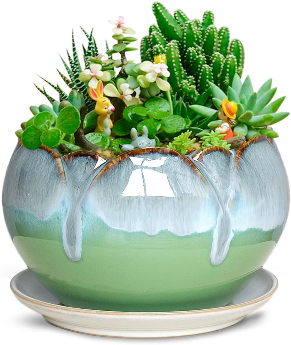 Dahlia 8.3'' Inch Large Shallow Drip Glazed Ceramic Planter/Succulent Pot/Plant Pot, Green