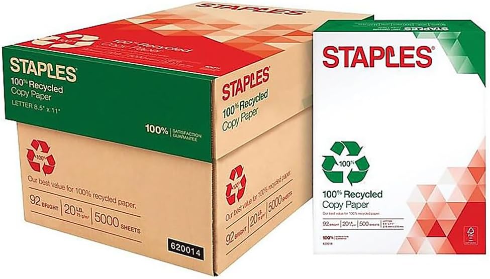 Staples 100% Recycled Printer Paper Bright White Copy/Fax/Laser/Inkjet, 500 Sheets
