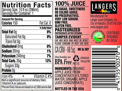 Langers Organic 100% Apple Juice, 10 Fl Oz (Pack of 12)