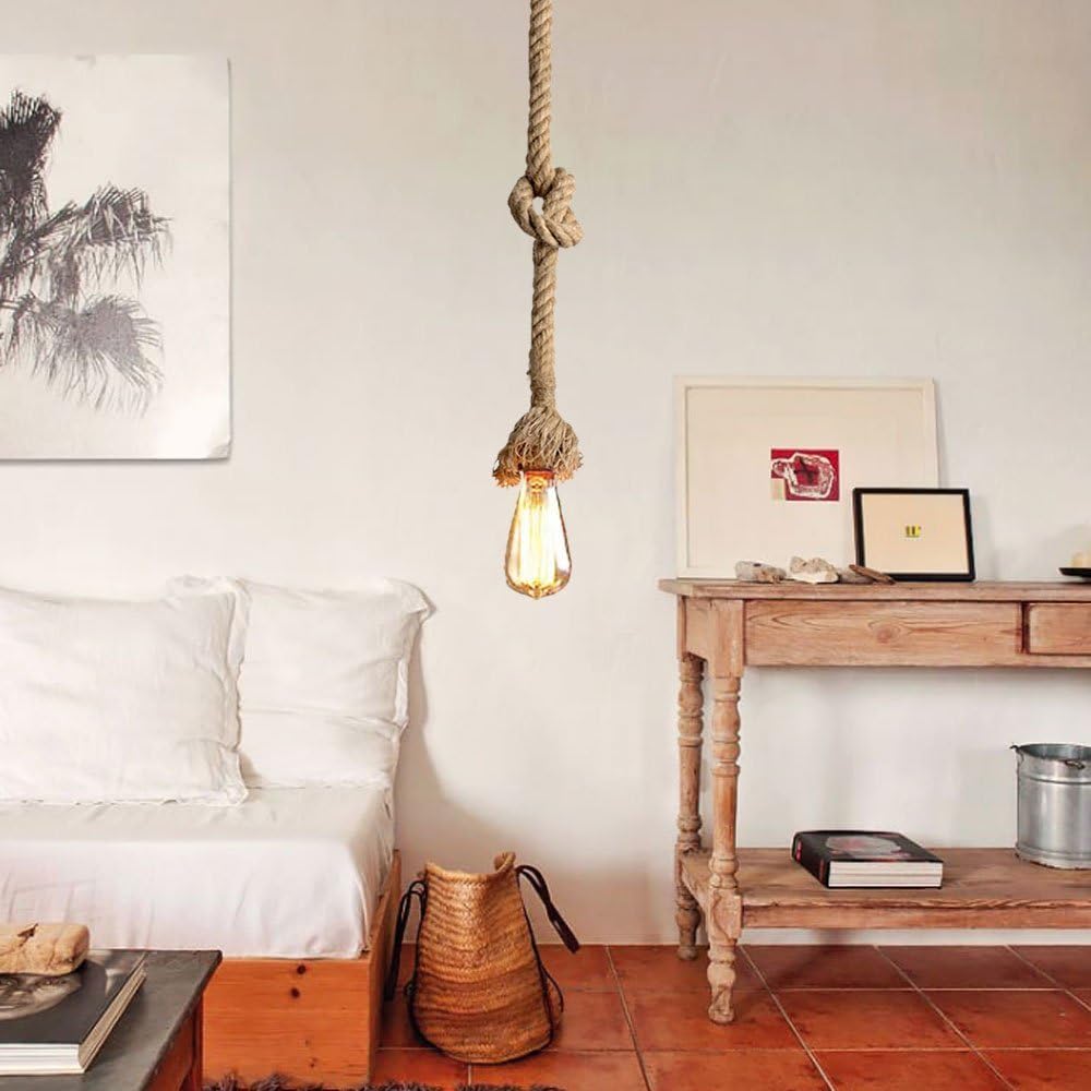 2 Heads Vintage(1.5+1.5 Meter) Hemp Rope Pendant Light Fixture E26/E27 Base,Retro Hemp Rope Hanging Light Vintage Ceiling Light Lamp Retro Style for Dining Hall Restaurant Bar Lighting,110V …