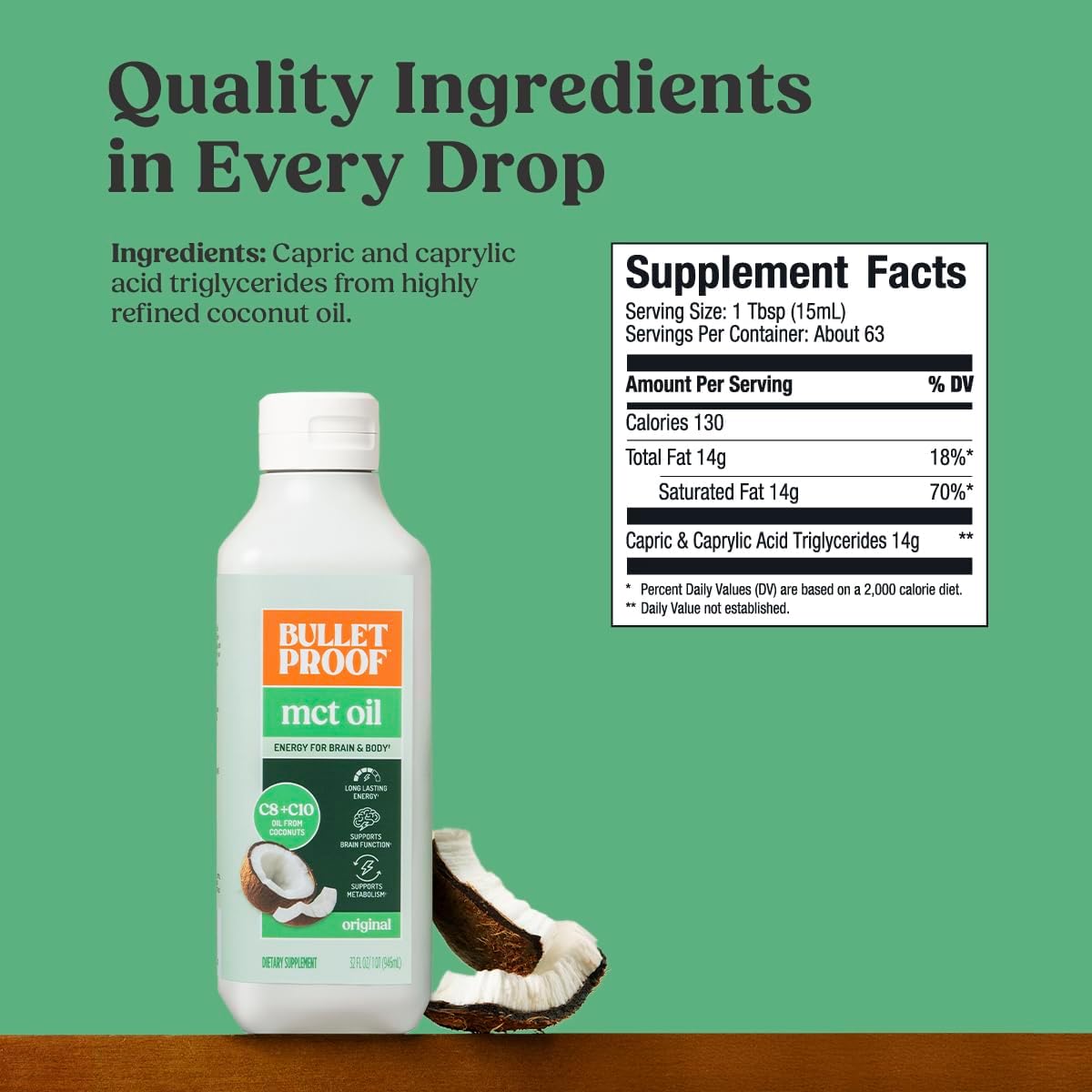 Bulletproof C8 & C10 MCT Oil, 100% Pure Coconut Oil, Unflavored, 16 oz | Triple-Distilled for Sustained Keto Energy, No Additives or Fillers, Non-GMO