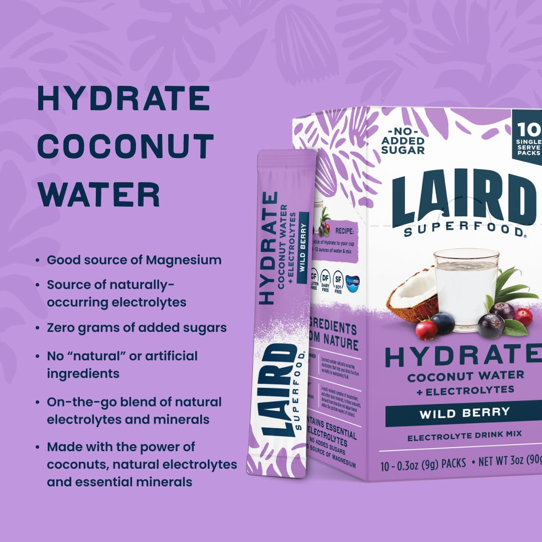 Laird Superfood HYDRATE Coconut Water Powder Drink Supplement with Coconut Water and Auqamin, All Natural, No Added Sugars, Gluten-Free, Non-GMO, Vegan, 8 oz. Bag, Pack of 1