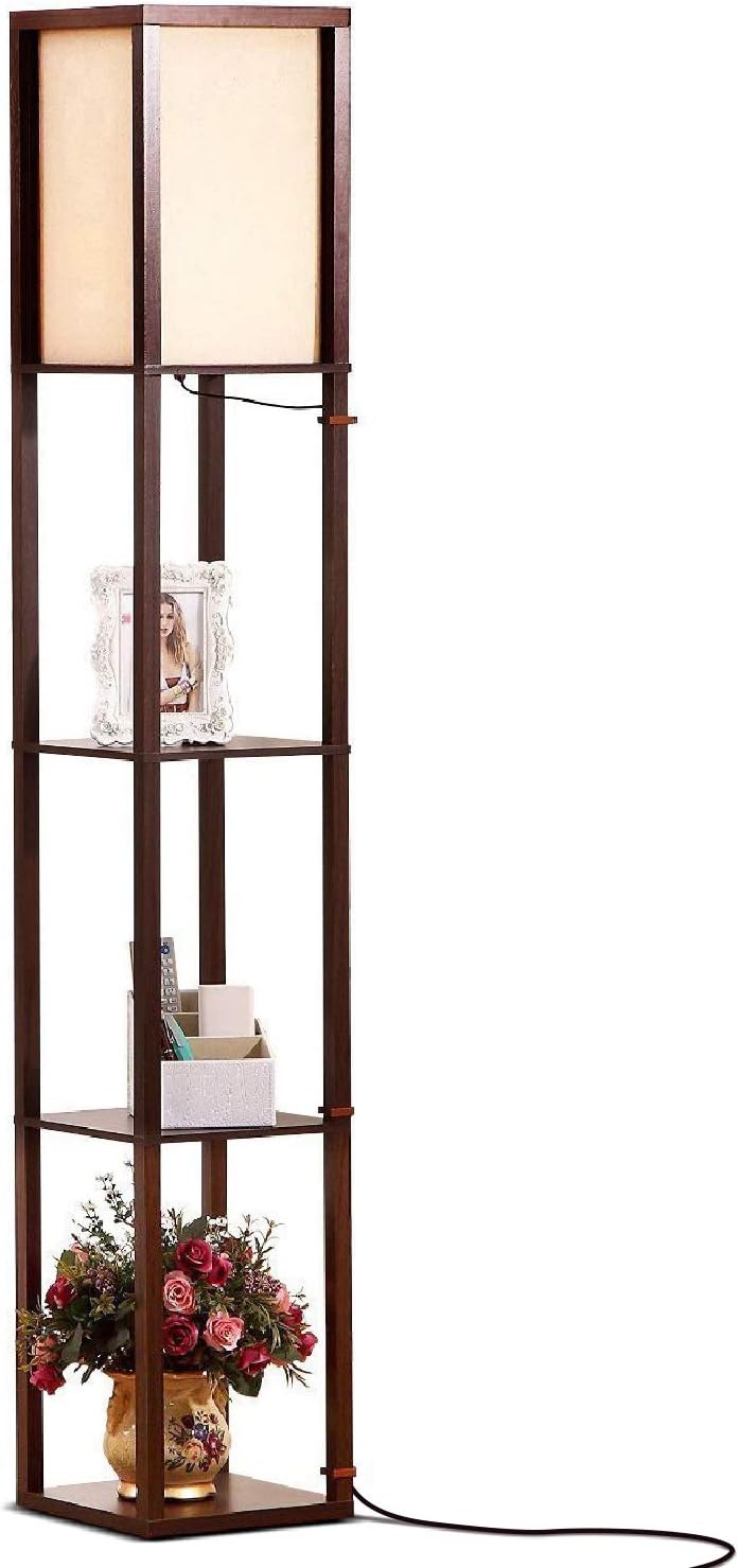 Brightech Maxwell - Modern Shelf Floor Lamp with Lamp Shade & Warm White LED Bulb, Corner Display Floor Lamp with Shelves for Living Room, Bedroom, Nightstand Office, Home Decor Storage - Natural Wood