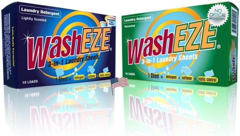 WashEZE (10 Ct) All in One Laundry Sheets Scented - Detergent-Fabric Softener-Stain Fighter - Static Guard Soap Sheet -All in One Detergent Sheet