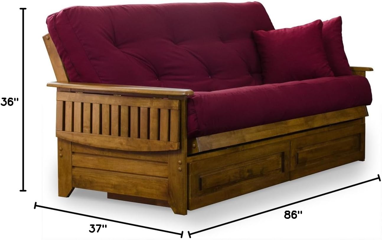Brentwood Tray Arm Futon Frame, Drawers, and Khaki Mattress Set - Queen, Rich Heritage Finish