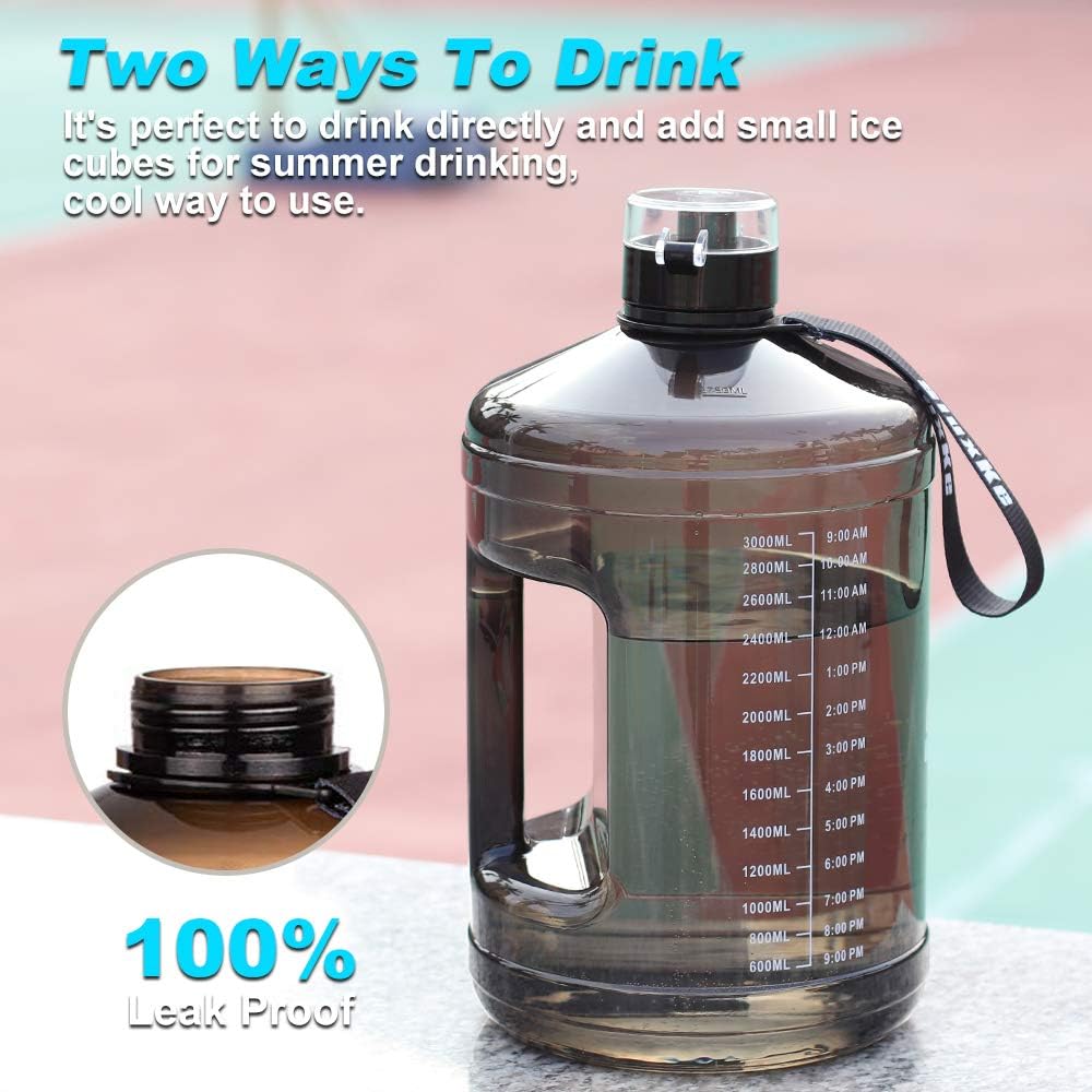 SLUXKE Gallon Big Water Bottle with Handle, 128oz Leakproof BPA Free Fitness Sports Water Bottle with Motivational Time Marker & Wide Mouth Ensure You Drink More Water
