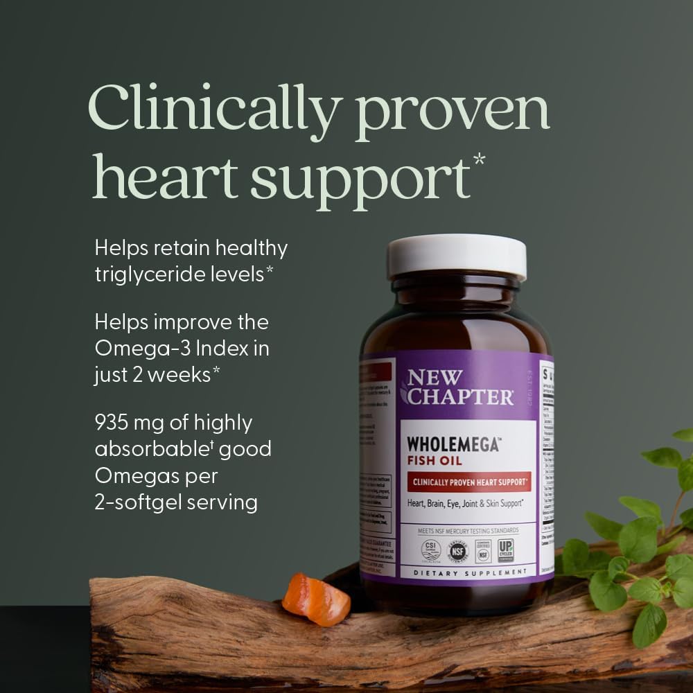 New Chapter Wholemega Fish Oil Supplement - 2000mg per Serving, Clinically Proven Wild Alaskan Salmon Oil with Omega-3 + Vitamin D3 + Astaxanthin, 120 Softgels