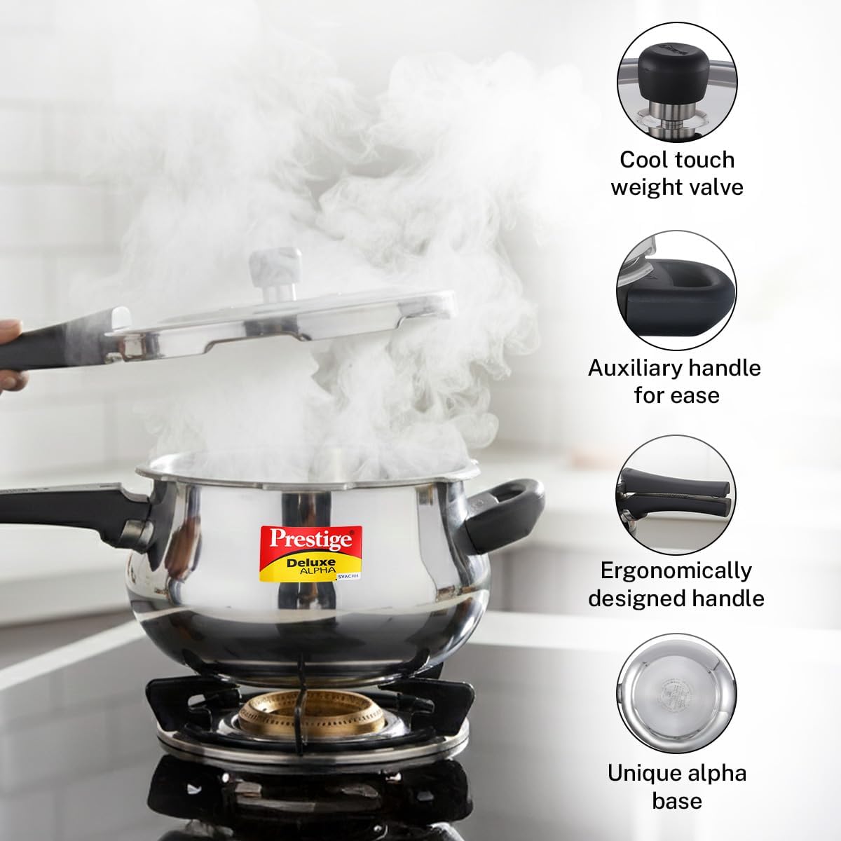 Prestige Deluxe Alpha Svachh Stainless Steel Pressure Cooker with Alpha Base and Deep Lid for Spillage Control, (4.0 L Junior Handi)
