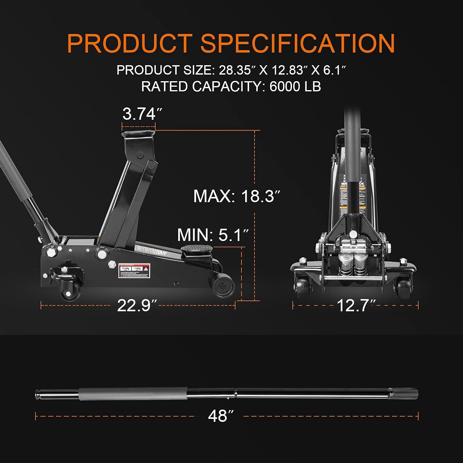 Torin T83505W BlackJack Hydraulic Low Profile Steel Racing Floor Jack with Single Piston Quick Lift Pump, 3 Ton (6,000 lb) Capacity, Black