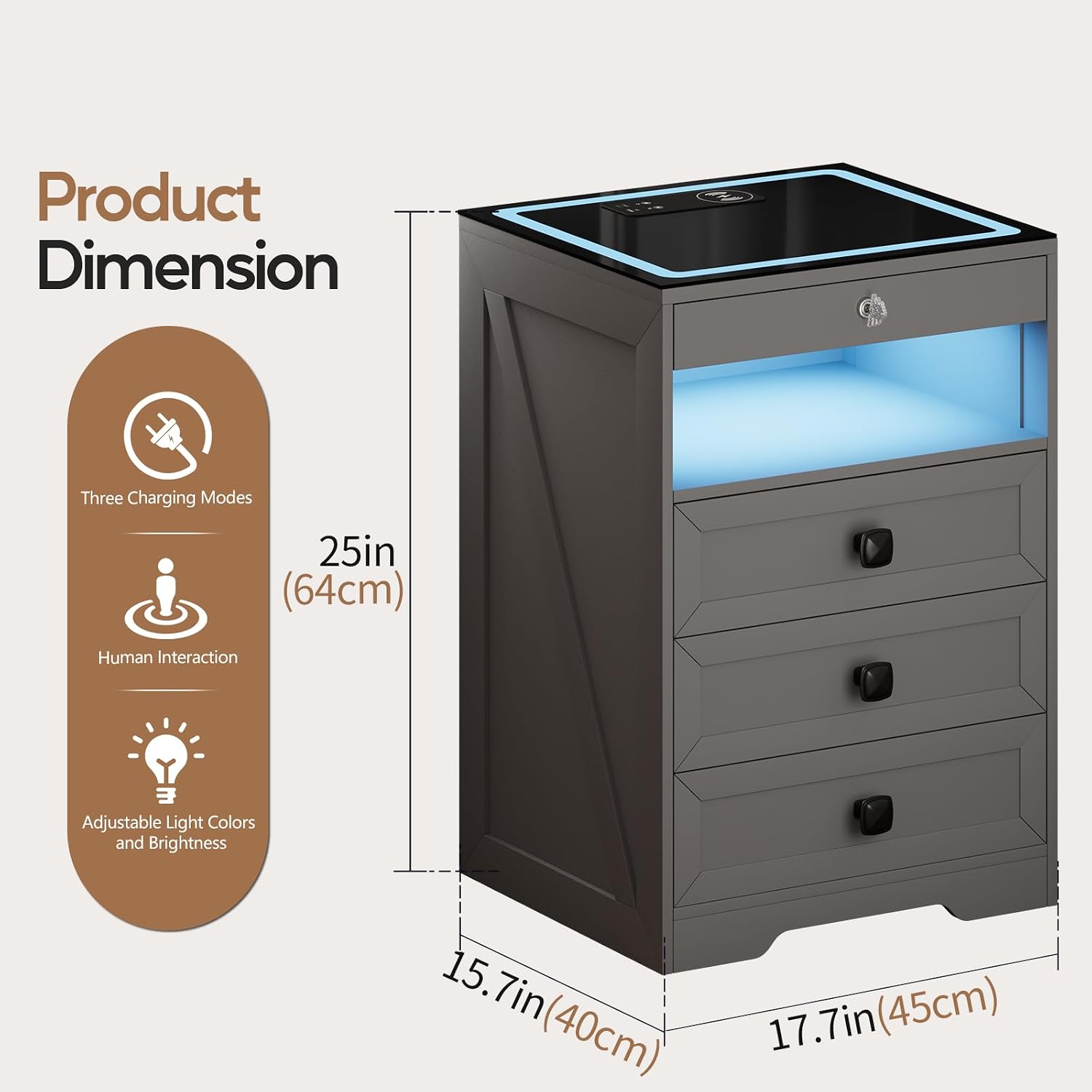 Smart LED Nightstand with Lockable Gun Drawer & Glass Top（Black） | Modern Bedside Table with Charging Station and Hidden Storage, LED Night Stand with 4 Drawers & Motion Sensor for Bedroom