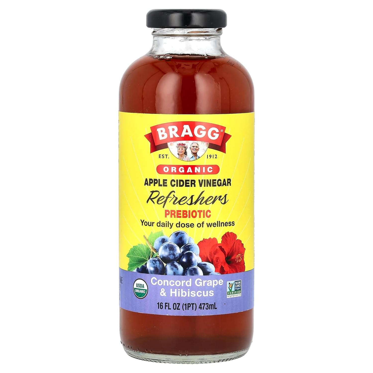 Bragg, Apple Cider Vinegar, Concord Grape & Hibiscus, Organic, Prebiotic Refreshers, 16 Fl Oz