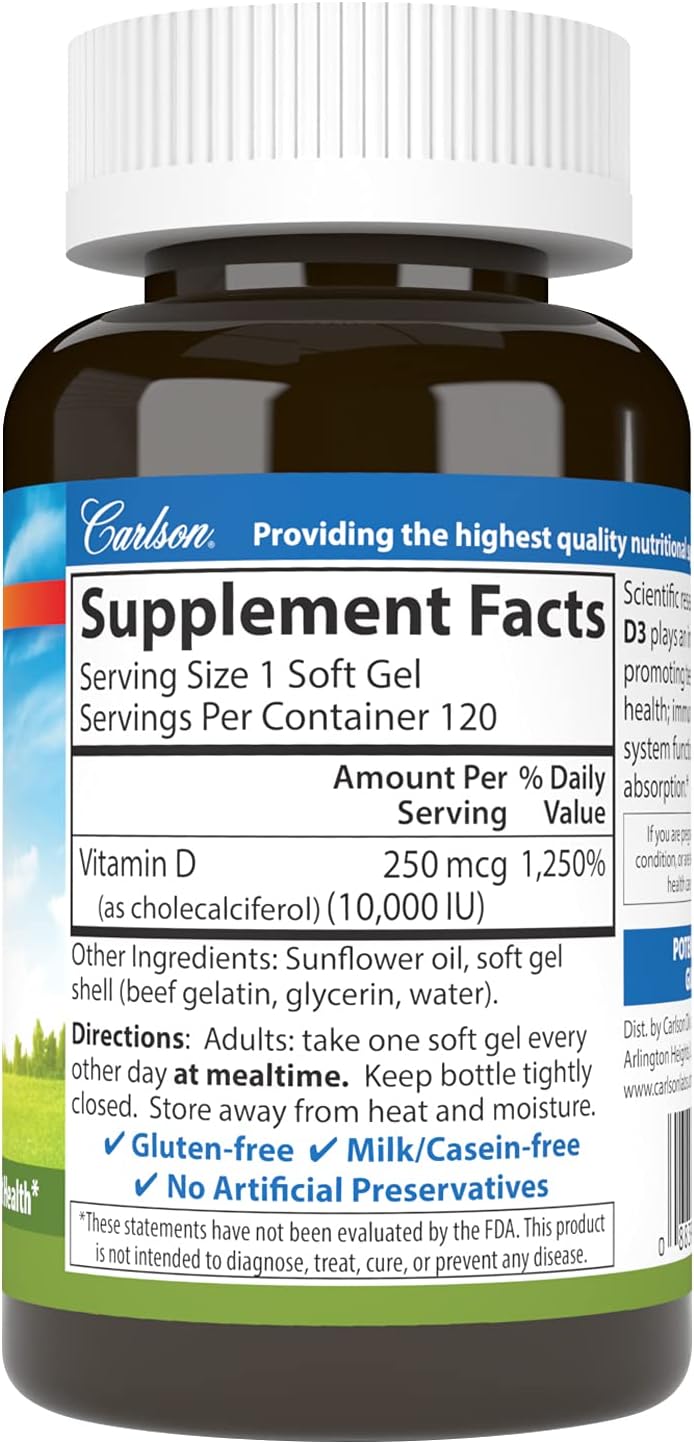 Carlson Vitamin D3 10000 IU (250 mcg), Bone Health, 120 Softgels | Muscle Health; Cholecalciferol; Vitamin D Supplements; Vitamin D3 Soft Gels