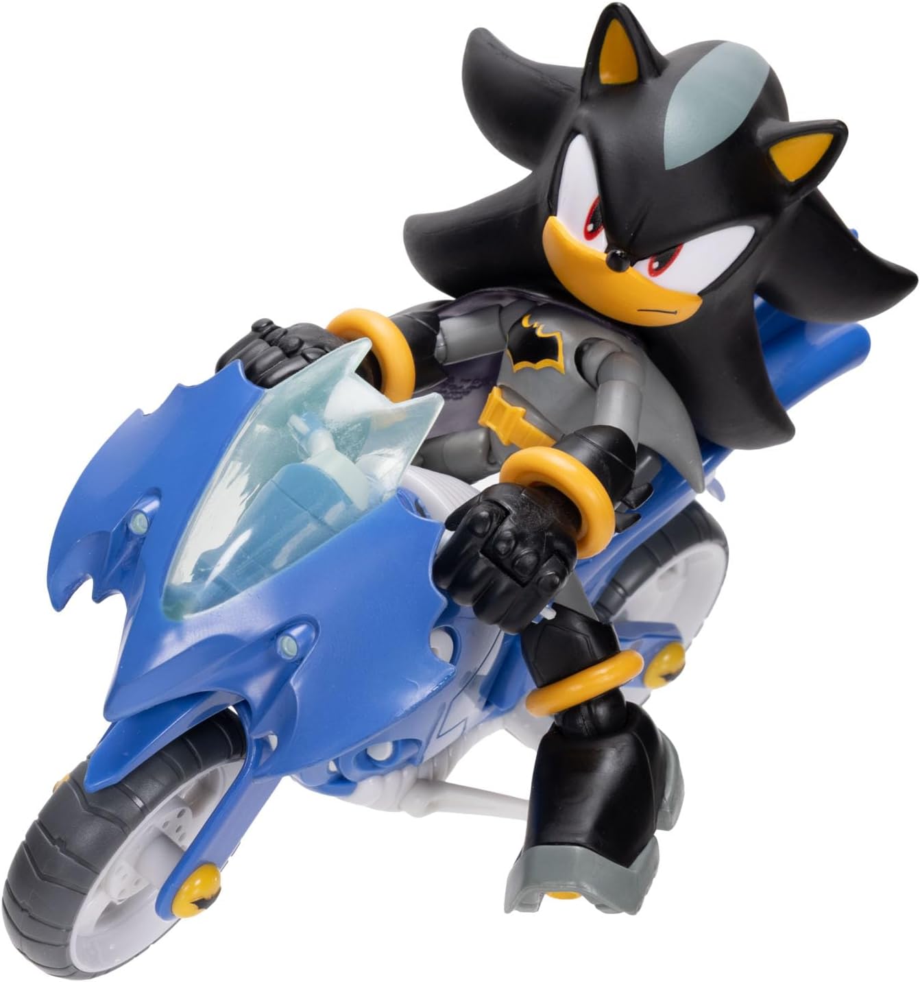 Sonic The Hedgehog DC x Sonic Shadow as Batman & Batcycle Action Figure Set, 5"/13cm, 22 Points of Articulation, Moving Wheels, Working Kickstand