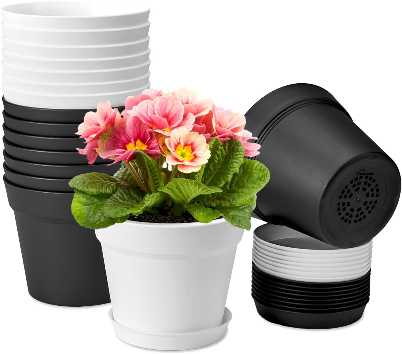 homenote 7.5 Inch Plastic Flower Pots with Drainage Holes and Trays (8 Pcs)