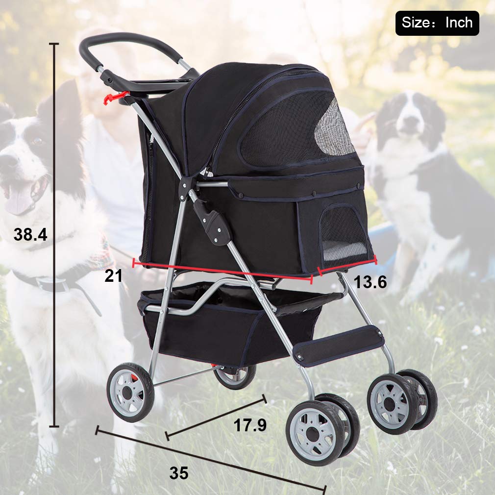 BestPet | 4-Wheel Foldable Pet Stroller | Black | Lightweight & Portable | Travel Carrier with Mesh Windows, Storage Basket, Cup Holder, Safety Brakes, and Waterproof Fabric | For Small Dogs and Cats