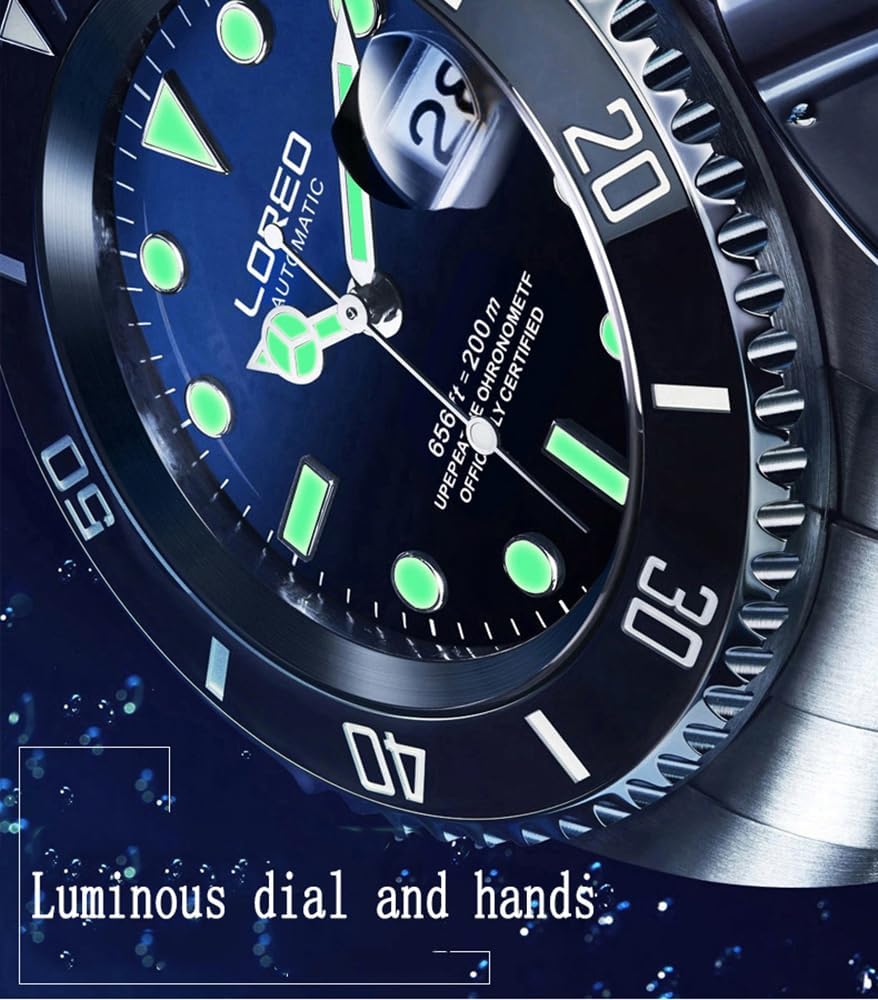 LOREO Men's Automatic Watch Sapphire Crystals 200M Waterproof | Rotating Bezel Luminous Markers and Hands Date 316L Stainless Steel Case and Bracelet Waterproof Watch
