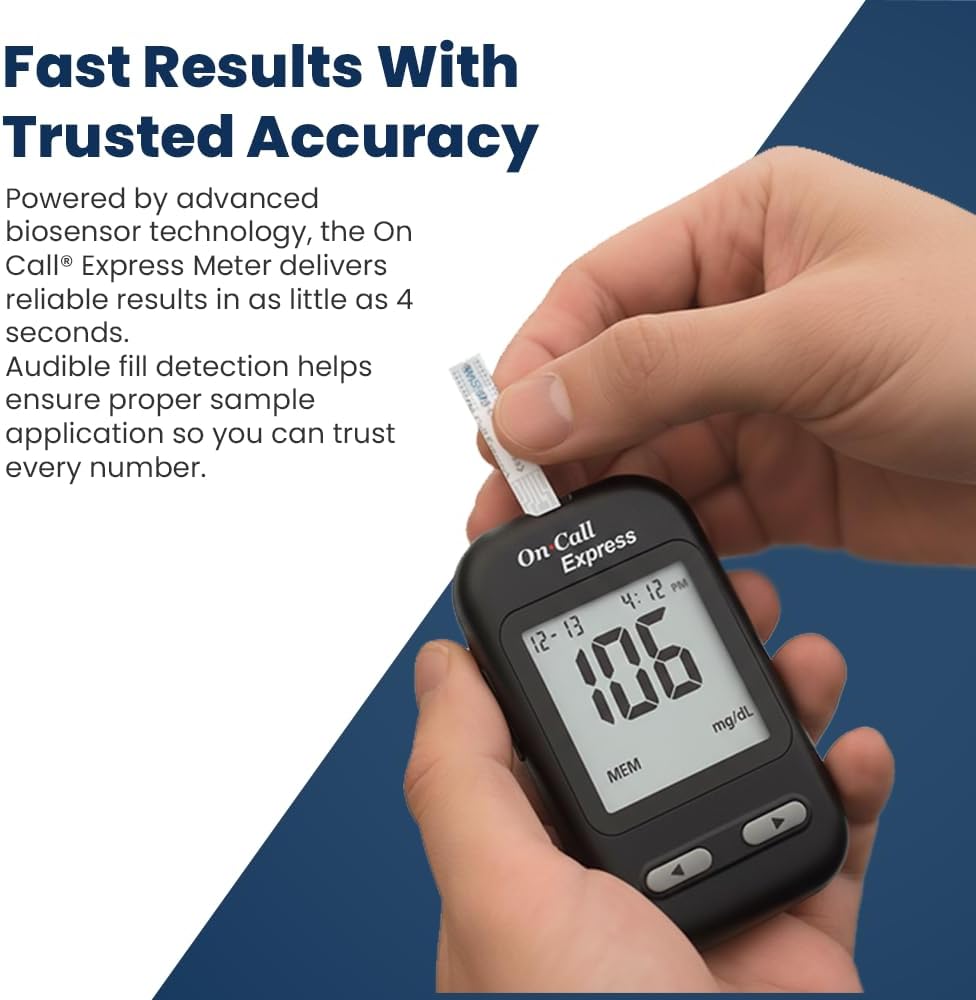 On Call Express Diabetes Testing Kit- Blood Glucose Meter, 10 Blood Test Strips, 1 Lancing Device, 30g Lancets, Control Solution, Carrying Case