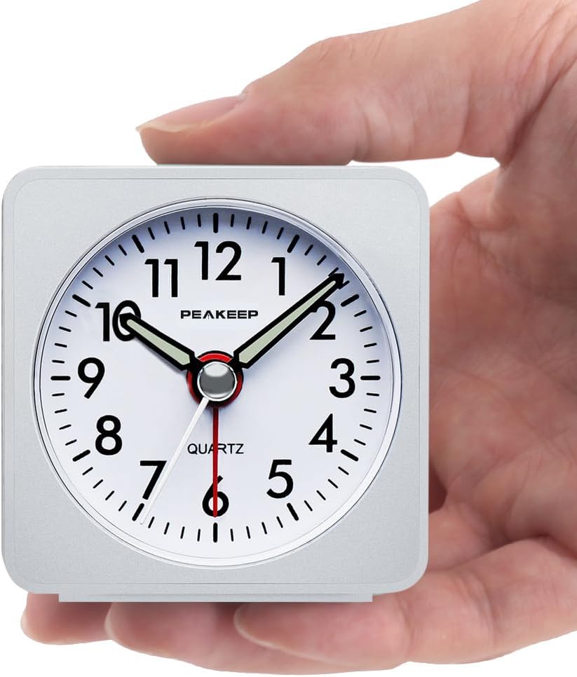 Peakeep Ultra Small, Battery Travel Alarm Clock with Snooze and Light | Silent No Ticking Analog Quartz Clock (Aquamarine)