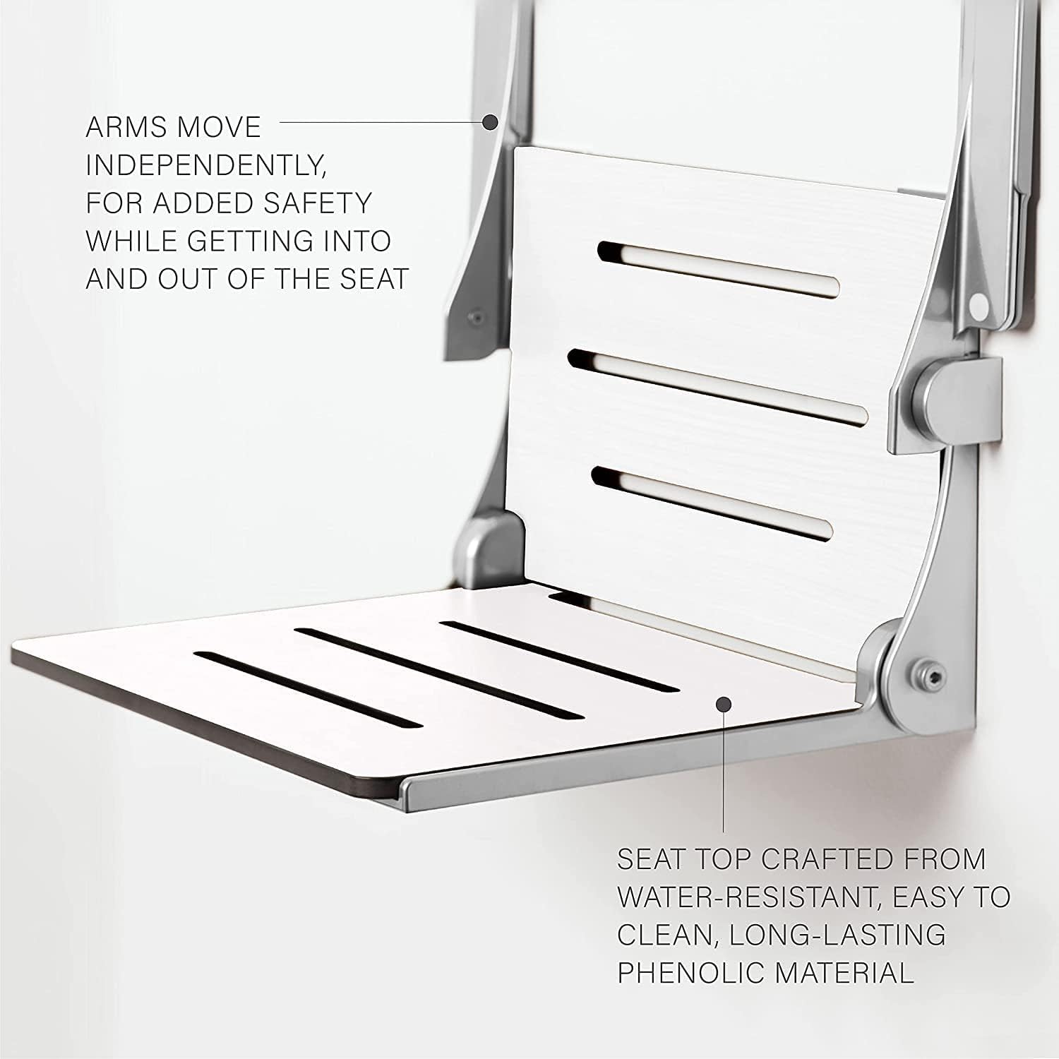 Seachrome Silhouette Comfort Folding Wall Mount Shower Bench Seat with Arms, Teak Seat with Silver Frame