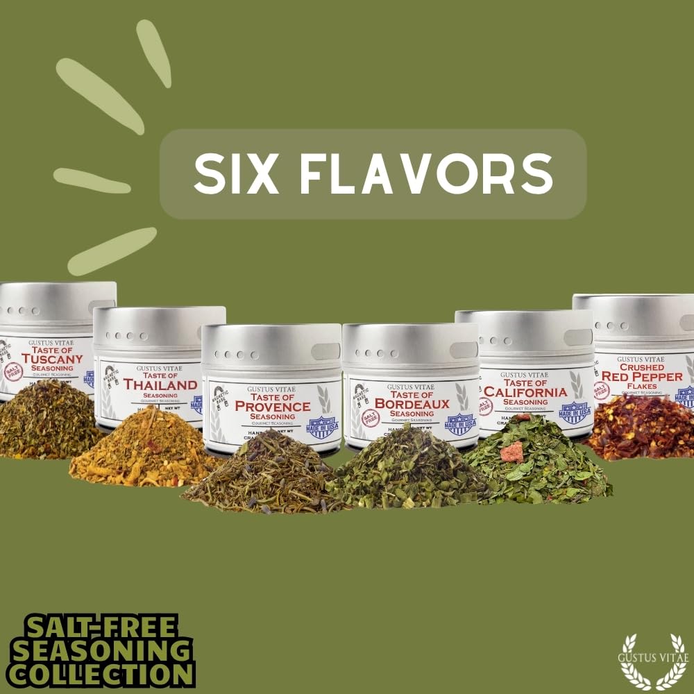 Gustus Vitae | Salt-Free Seasoning Gift Set of 6 | Gourmet Spice Blends | Natural Ingredients | Luxury Gift Set | Non GMO | Salt Free | No MSG | No