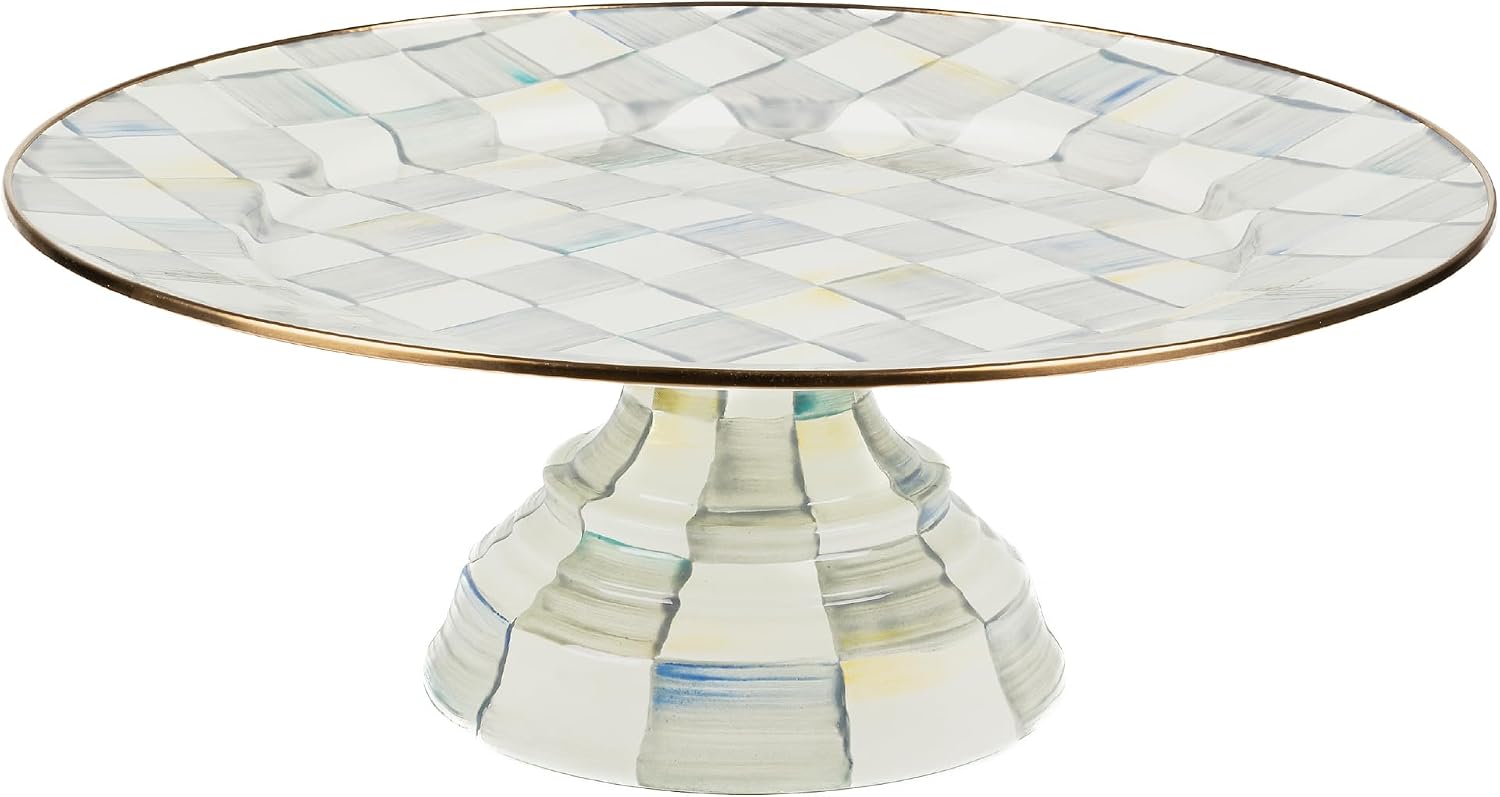 MACKENZIE-CHILDS Pedestal Platter, Mini, Black-and-White Courtly Check | Hand-painted design, made from enameled steel, stackable round cake stand for serving desserts, 8" dia. x 3" H