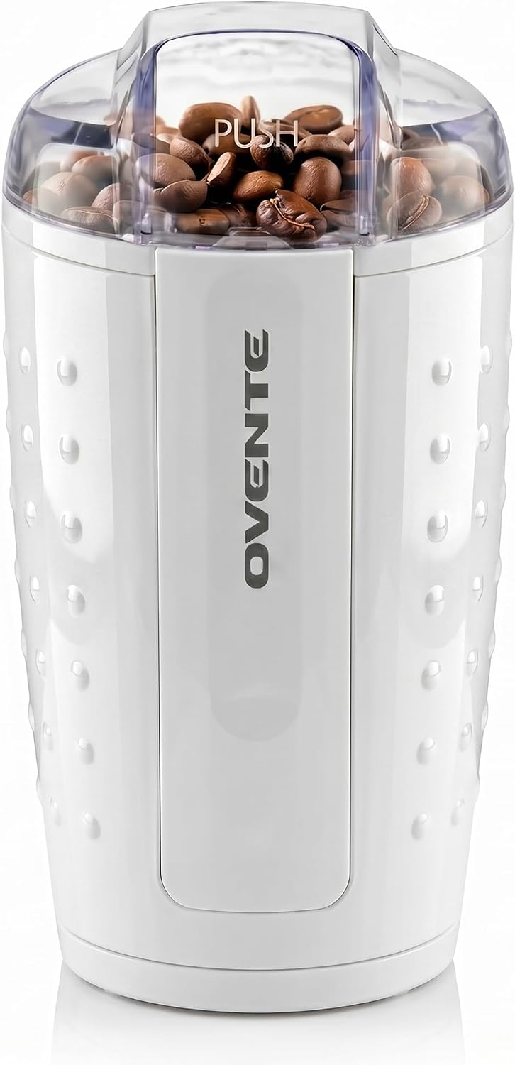 OVENTE Electric Coffee Grinder with One Touch Push-Button, White CG225W | 2.5oz Capacity, 150W Motor, Stainless Steel Blades for Uniform Grinding of Beans, Spices, Herb, Nuts & More, Safety Lock Lid