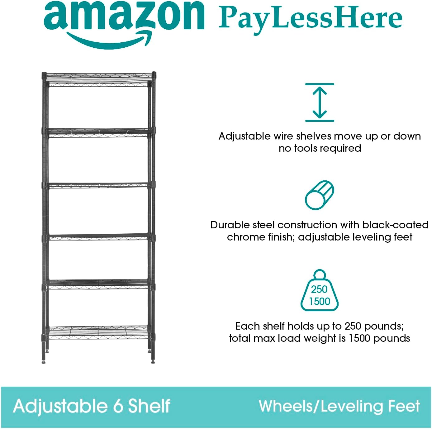PayLessHere | 6-Tier Wire Shelf with Wheels | 45"x18"x82" | Black