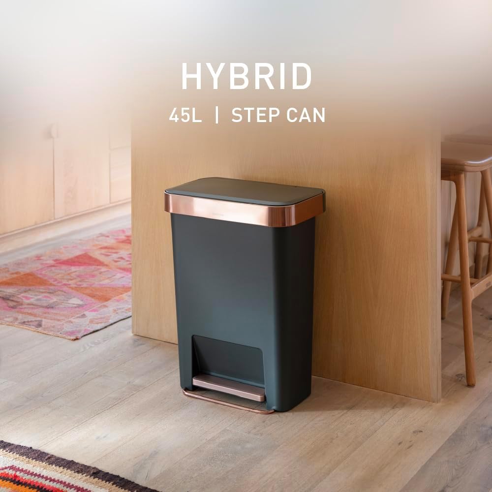 simplehuman Hybrid Step Can, 45L / 12 Gallon Rectangular Kitchen Trash Can, Liner Rim System, Liner Pocket®, 150,000-Step Pedal, Lid Shox® Silent Close, Black Plastic