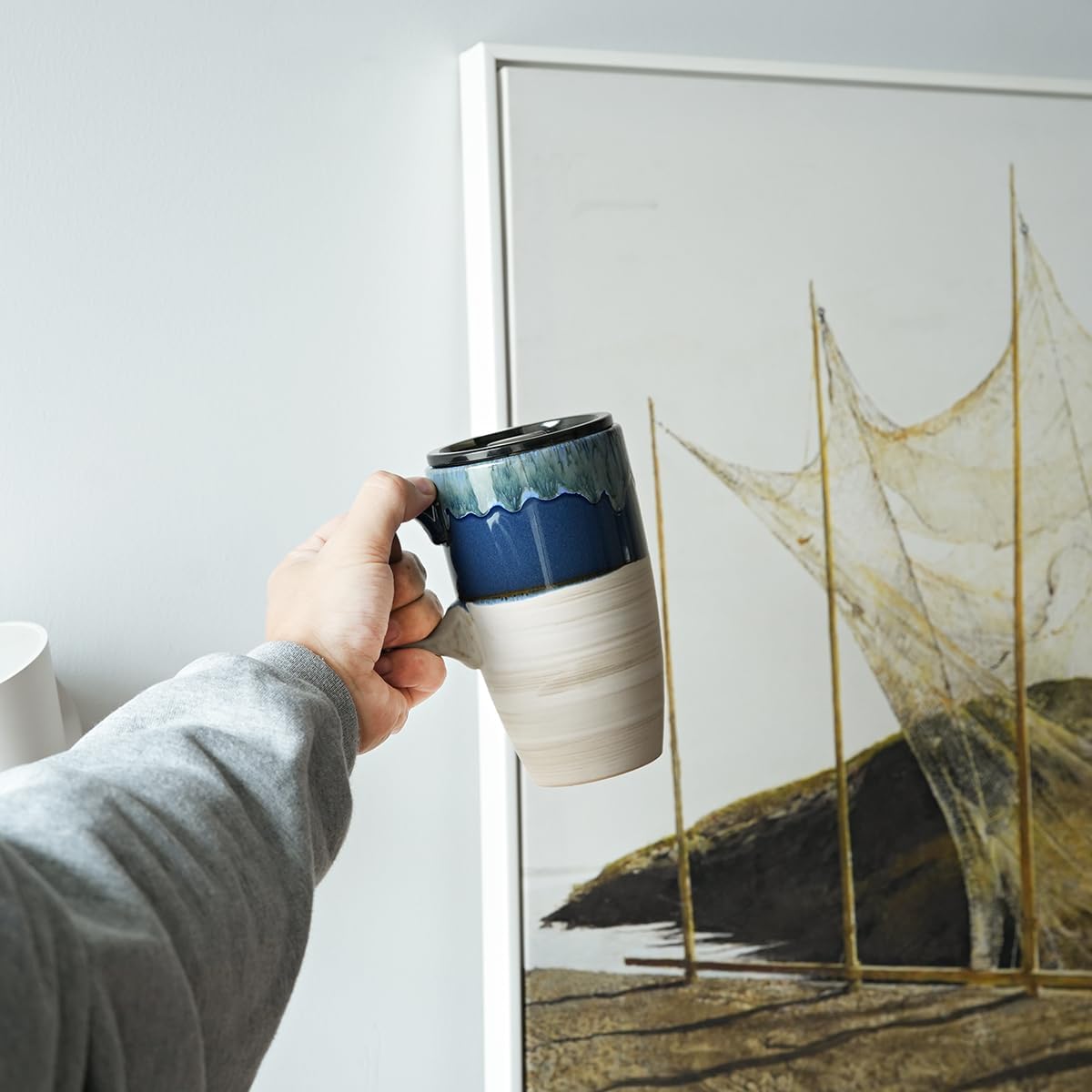 Bosmarlin Ceramic Travel Coffeel Mug with Handle and Lid, 18 oz, Portable Coffee Cup for Car Cup Holder, Microwave and Dishwasher Safe