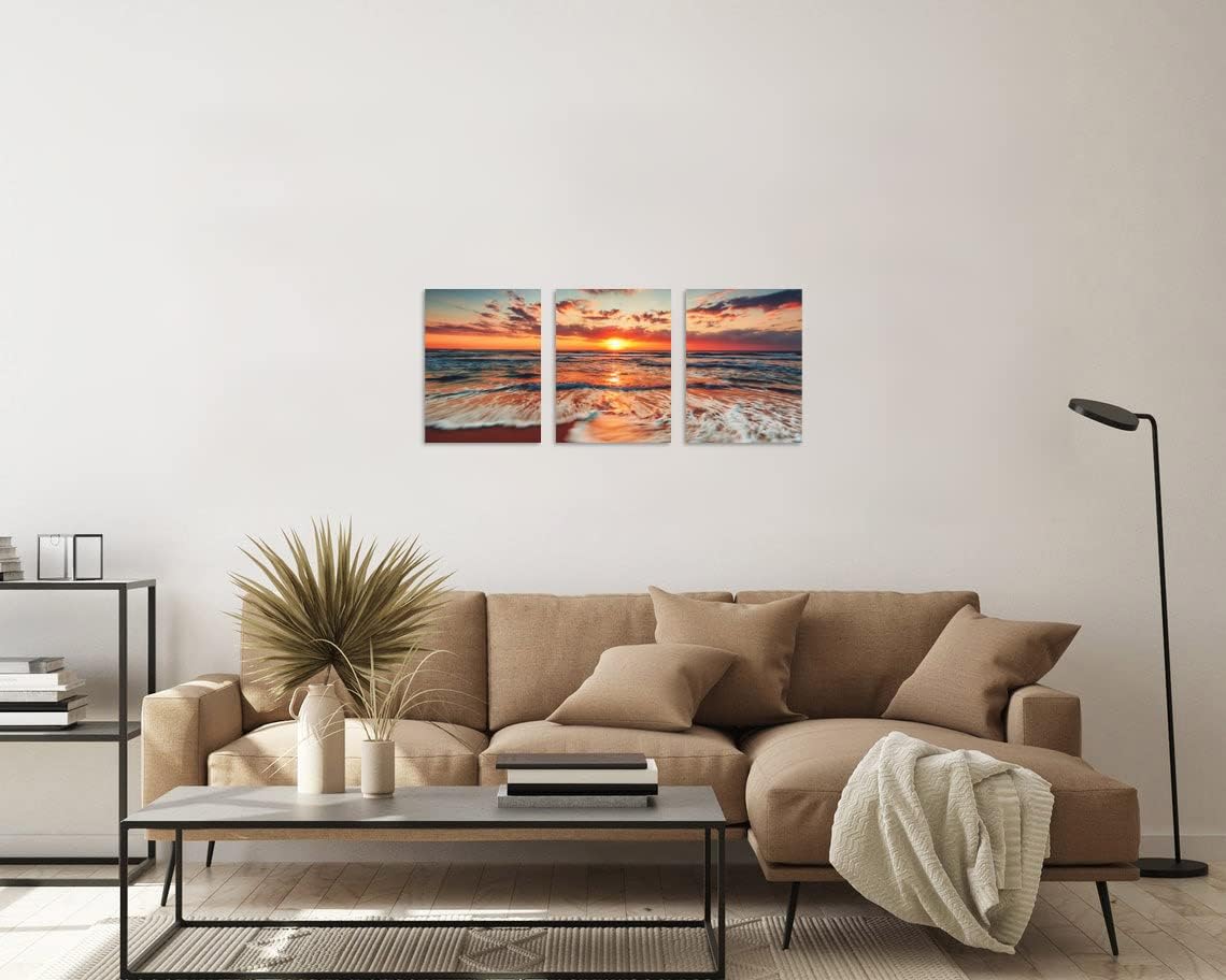 TutuBeer 3 Panel Beach Canvas Wall Art for Home Decor Blue Sea Sunset White Beach Painting the Picture Print on Canvas Seascape the Pictures for Home Decor Decoration,Ready to Hang