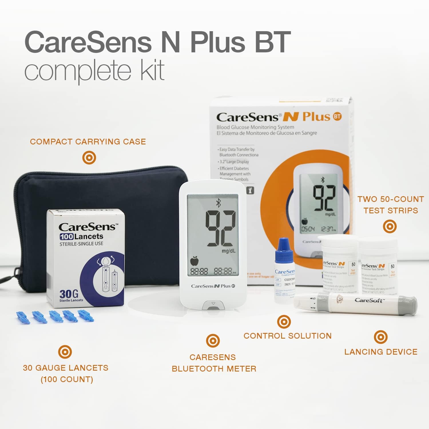CareSens N Plus Bluetooth Blood Glucose Monitor Kit with 100 Blood Sugar Test Strips, 100 Lancets, 1 Blood Glucose Meter, 1 Lancing Device