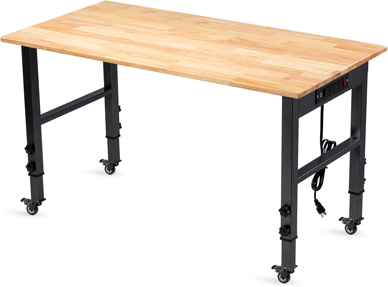 48" Adjustable Workbench, Work Table with Wheels and Power Outlet | 2000LBS Load Capacity Rubber Wood Top Workstation, Heavy-Duty Craft Table for Garage Workshop