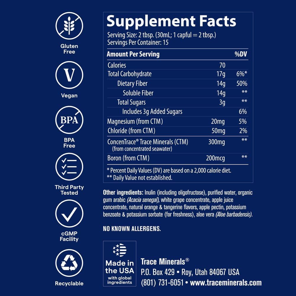 Trace Minerals Fiber Supplement 15 fl oz, 14g Soluble Prebiotic Fiber Drink | Supports gut flora balance, Contains ConcenTrace ionic minerals