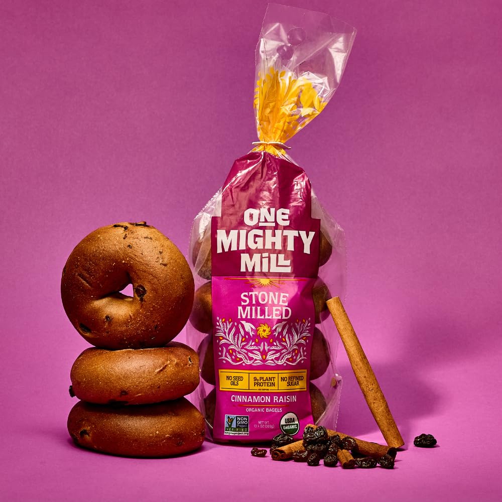 One Mighty Mill Whole Wheat Cinnamon Raisin Bagels, 100% Organic, Fresh-Milled, Stone-Ground Flour - No Preservatives or Artificial Ingredients