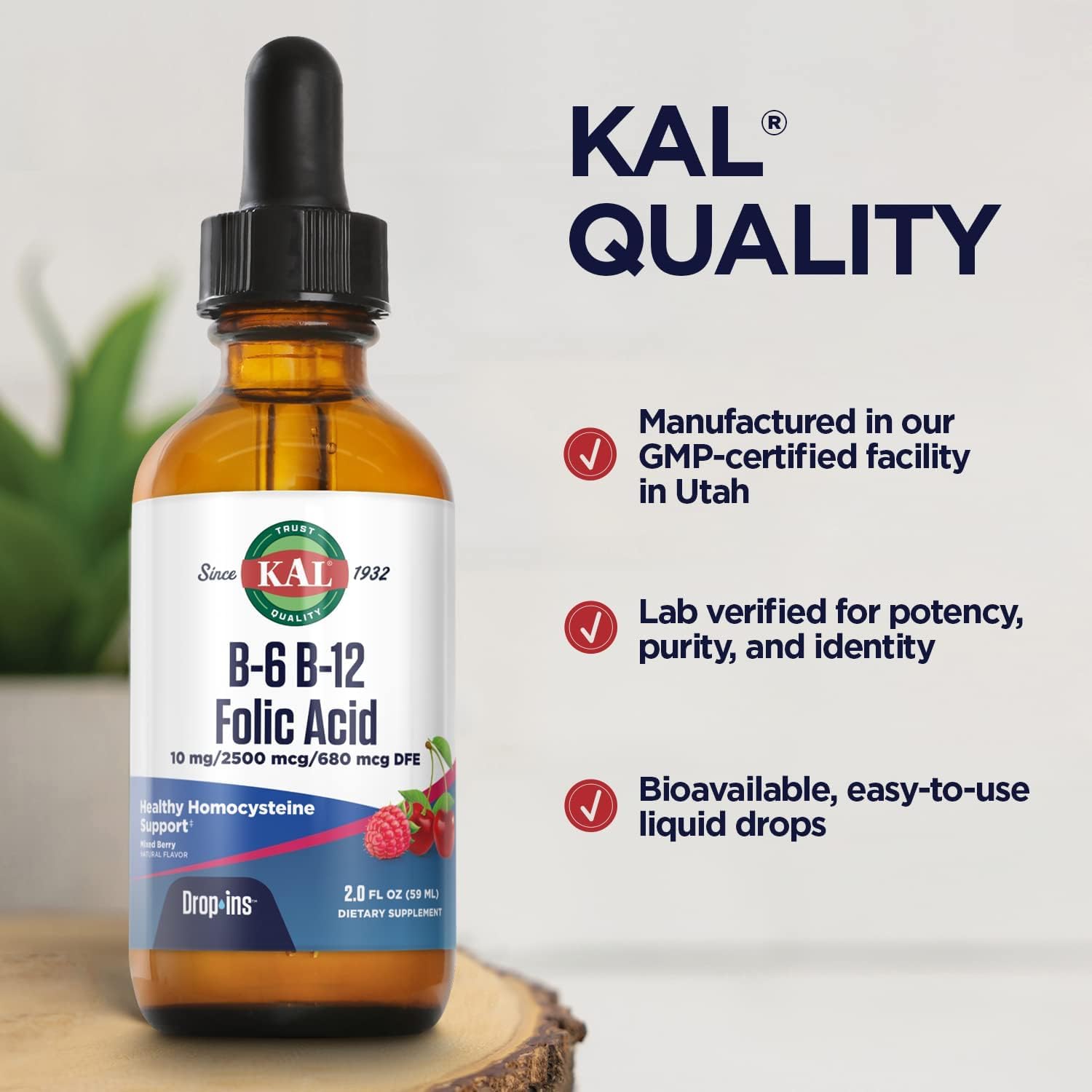 KAL Vitamin B-6 B-12 Folic Acid DropIns, Liquid Vitamin B Supplement Drops, Heart Health, Energy, Red Blood Cell Support with Methyl B12 and Methyl Folate, Natural Mixed Berry Flavor, 59 Servings, 2oz | Cardiovascular, Energy & Nerve Support - Active P-5…