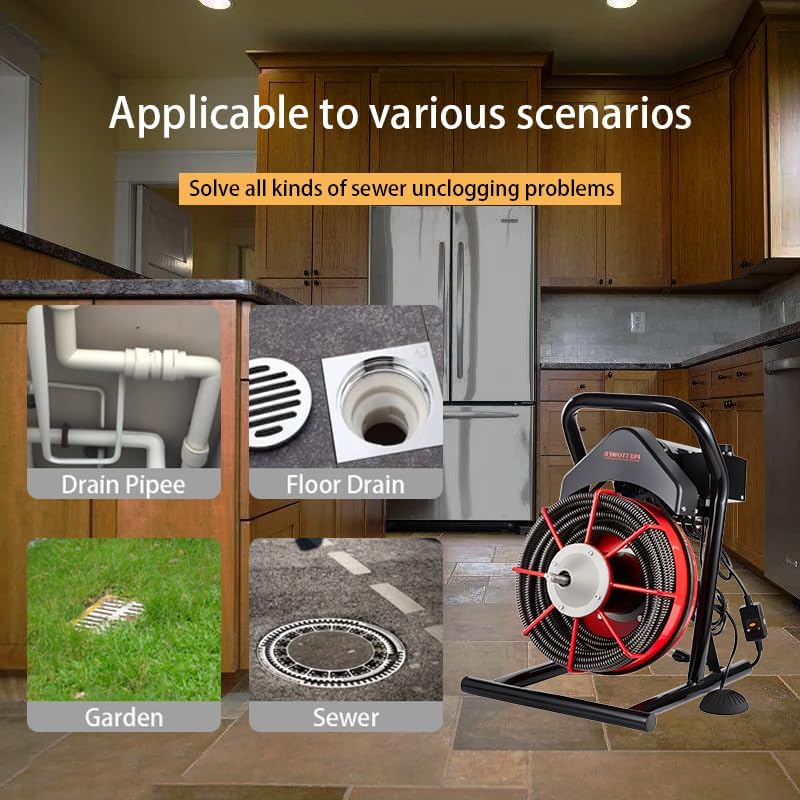 drain cleaner machine，75 Ft x1/2 Inch Electric drain auger, Portable Design, Comes with 6 knife heads, gloves，Foot air switch control
