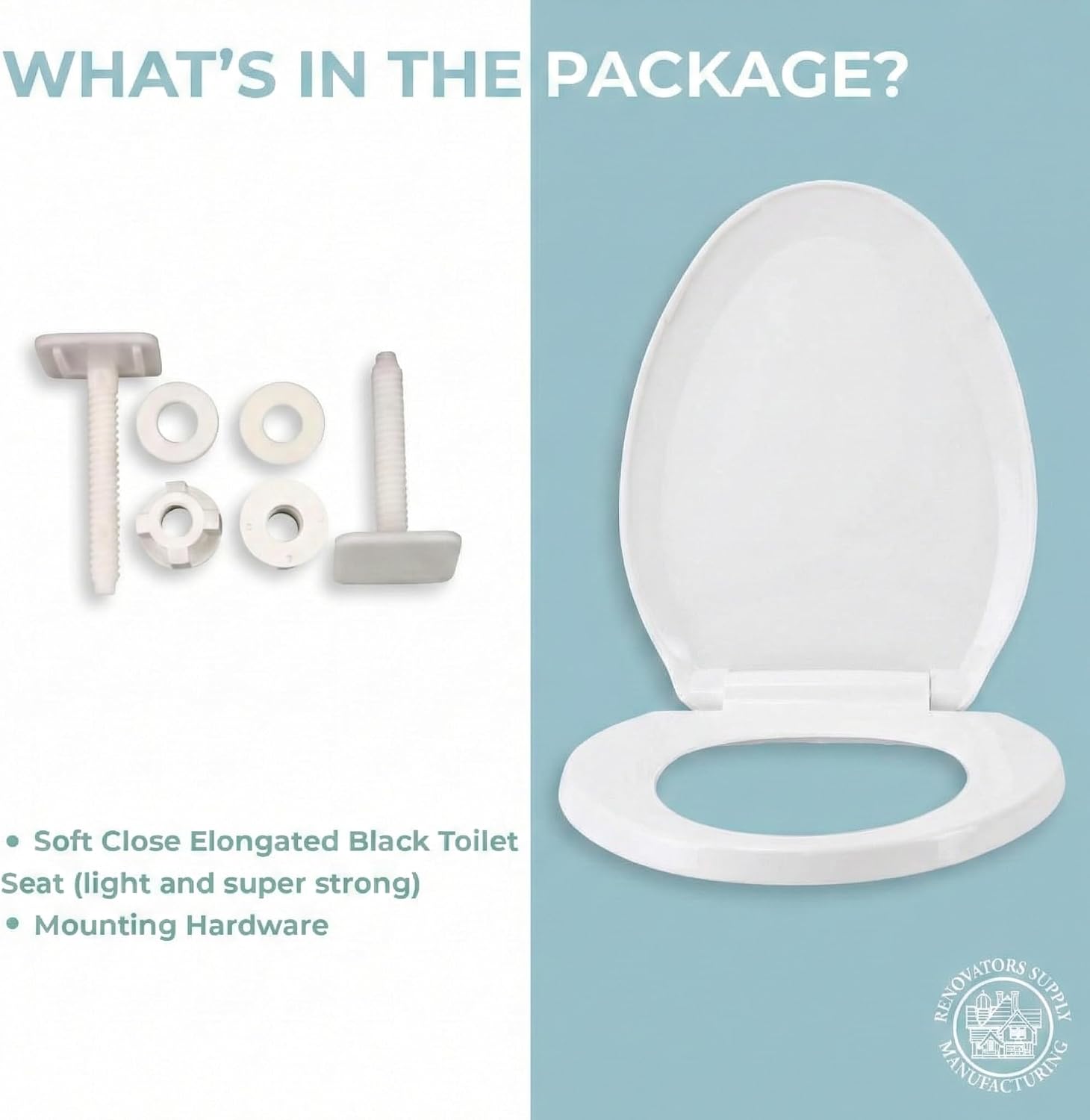 Renovators Supply Manufacturing Plastic Soft Close Toilet Seat Elongated Quiet-Close Lid, Contoured Seat, Easy to Install and Clean, Grip-Tight Bumpers with Adjustable Mounting Hardware, Black