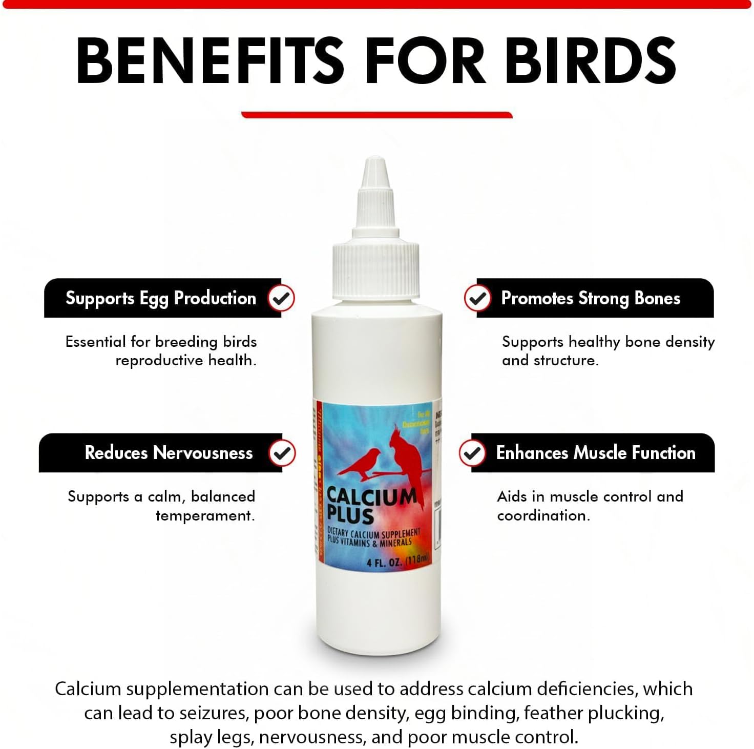 Calcium Plus Liquid for Birds – Calcium Supplement with Vitamins and Minerals for Strong Eggshells, Healthy Bones - Support Growth, Breeding, and Wellness for All Birds 4 Fl Oz | Calcium Supplement - Supports Healthy Growth, Bone Strength, Breeding, Brai…